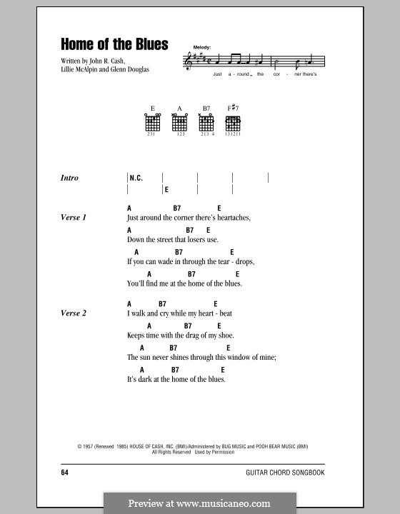 Home of the Blues: Lyrics and chords (with chord boxes) by Glenn Douglas, Johnny Cash, Lillie McAlpin