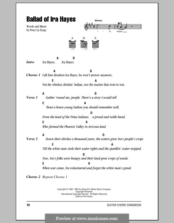 Ballad of Ira Hayes: Lyrics and chords (with chord boxes) by Peter La Farge