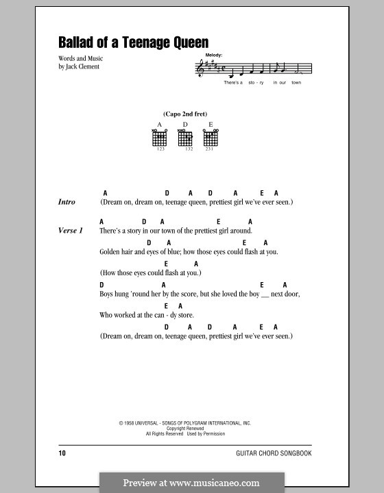 Ballad of a Teenage Queen (Johnny Cash): Lyrics and chords (with chord boxes) by Jack Clement