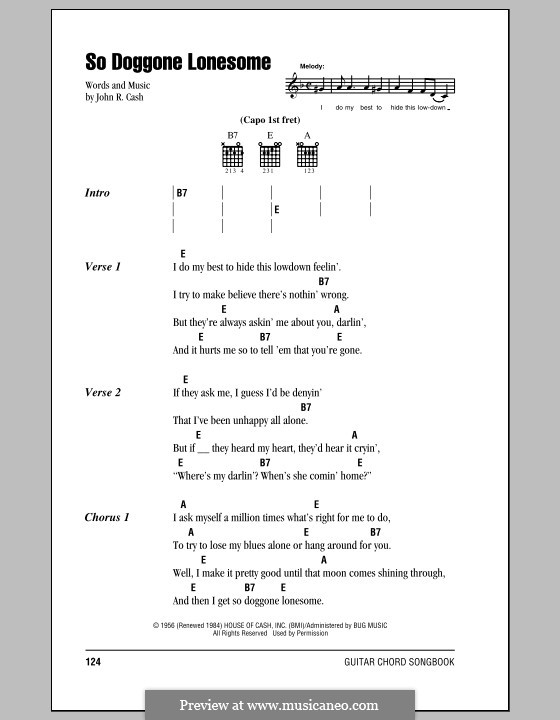 So Doggone Lonesome: Lyrics and chords (with chord boxes) by Johnny Cash