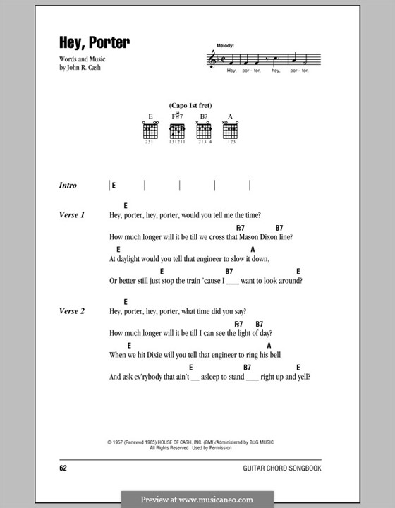 Hey, Porter: Lyrics and chords (with chord boxes) by Johnny Cash