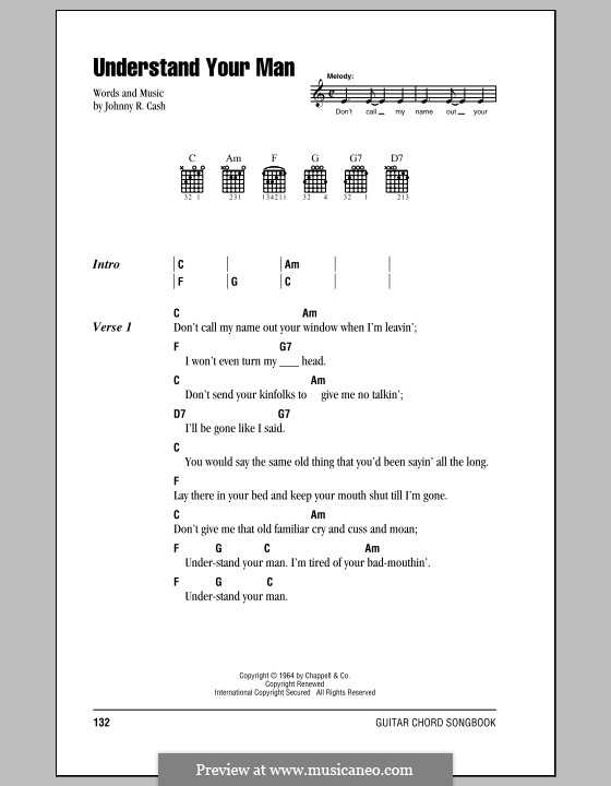 Understand Your Man: Lyrics and chords (with chord boxes) by Johnny Cash