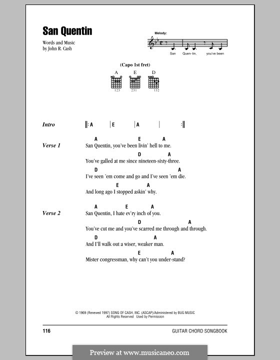 San Quentin: Lyrics and chords (with chord boxes) by Johnny Cash