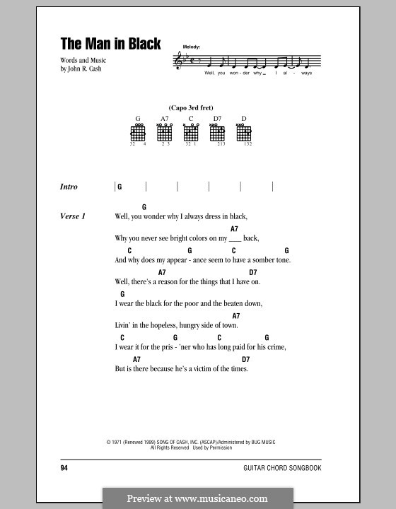 The Man in Black: Lyrics and chords (with chord boxes) by Johnny Cash