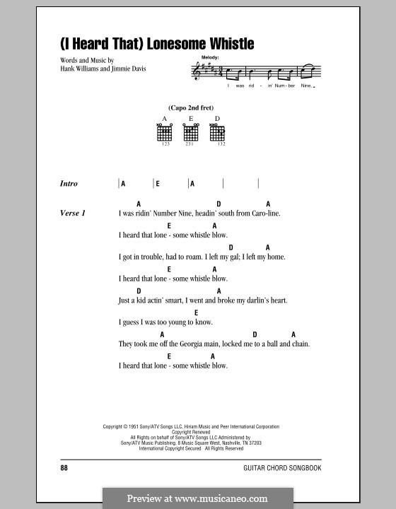 (I Heard That) Lonesome Whistle: Lyrics and chords (with chord boxes) by Hank Williams, Jimmie Davis