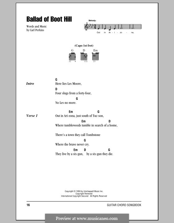 Ballad of Boot Hill: Lyrics and chords (with chord boxes) by Carl Lee Perkins