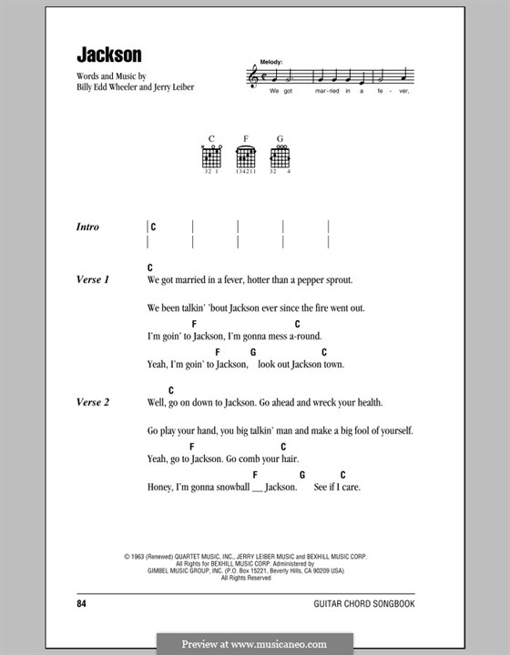 Jackson (Johnny Cash and June Carter): Lyrics and chords (with chord boxes) by Billy Edd Wheeler, Jerry Leiber