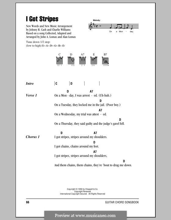 I Got Stripes: Lyrics and chords (with chord boxes) by Charles Lee Williams, Alan Lomax, John A. Lomax, Johnny Cash