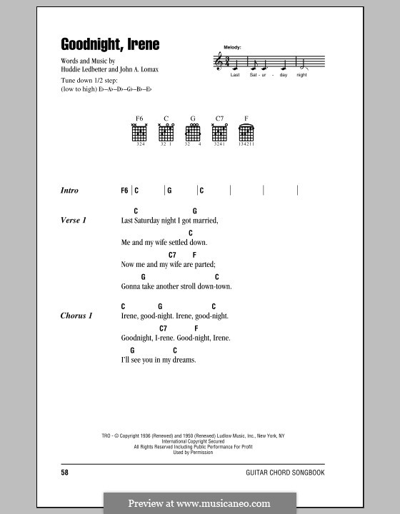 Goodnight, Irene: Lyrics and chords (with chord boxes) by Huddie Ledbetter, John A. Lomax