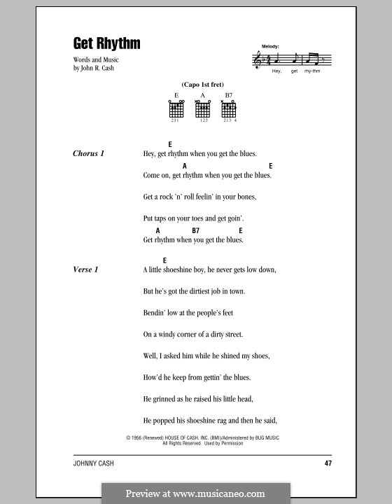 Get Rhythm: Lyrics and chords (with chord boxes) by Johnny Cash