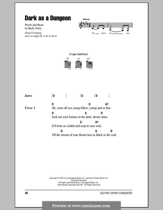 Dark as a Dungeon: Lyrics and chords (with chord boxes) by Johnny Cash