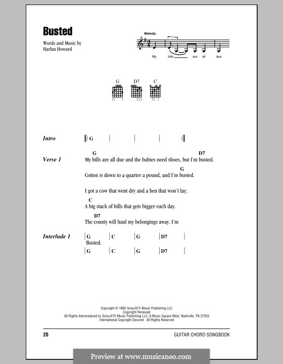 Busted: Lyrics and chords (with chord boxes) by Harlan Howard