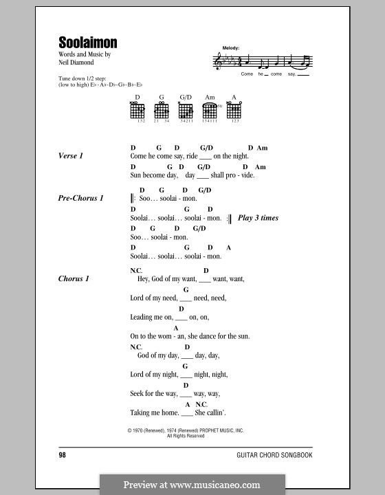 Soolaimon: Lyrics and chords (with chord boxes) by Neil Diamond