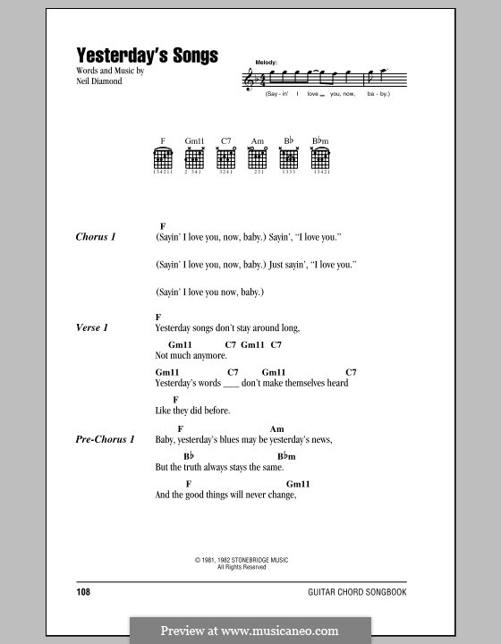 Yesterday's Songs: Lyrics and chords (with chord boxes) by Neil Diamond