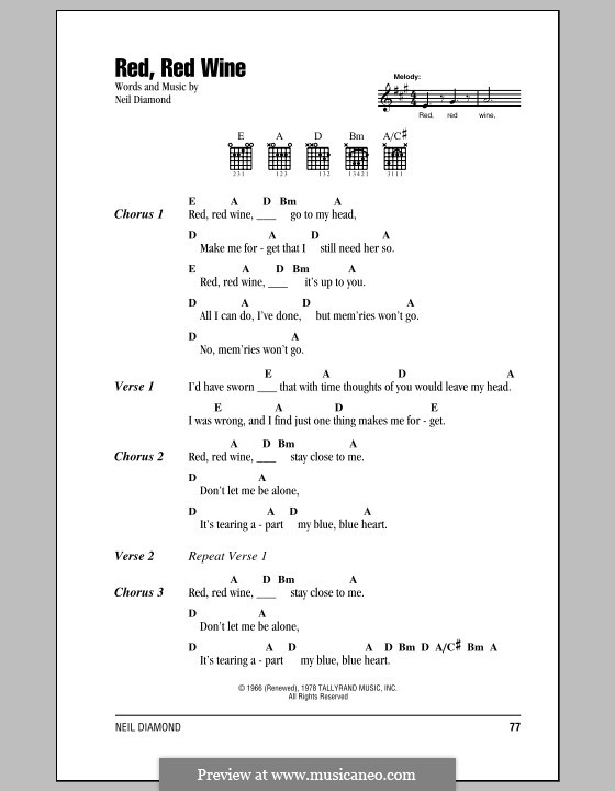 Red, Red Wine (UB40) by N. Diamond sheet music on MusicaNeo