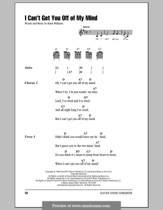 I Can't Get You Off of My Mind: Lyrics and chords (with chord boxes) by Hank Williams