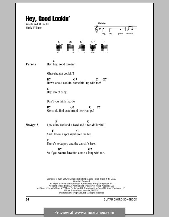 Hey, Good Lookin': Lyrics and chords (with chord boxes) by Hank Williams