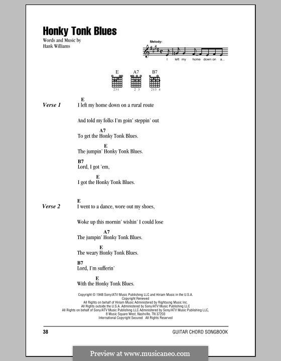 Honky Tonk Blues: Lyrics and chords (with chord boxes) by Hank Williams