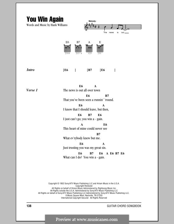 You Win Again: Lyrics and chords (with chord boxes) by Hank Williams