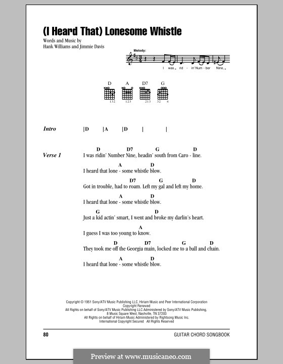 (I Heard That) Lonesome Whistle: Lyrics and chords (with chord boxes) by Hank Williams, Jimmie Davis