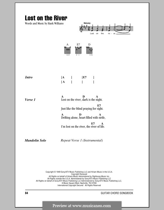Lost on the River: Lyrics and chords (with chord boxes) by Hank Williams