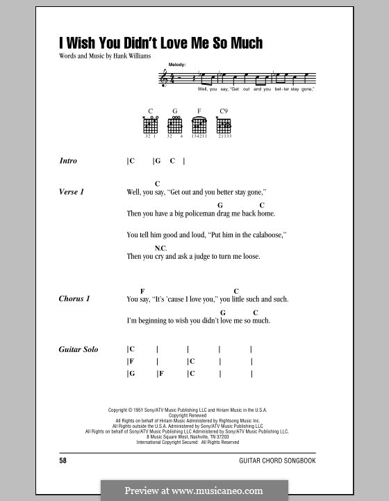 I Wish You Didn't Love Me So Much: Lyrics and chords (with chord boxes) by Hank Williams