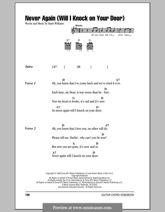 Never Again (Will I Knock on Your Door): Lyrics and chords (with chord boxes) by Hank Williams