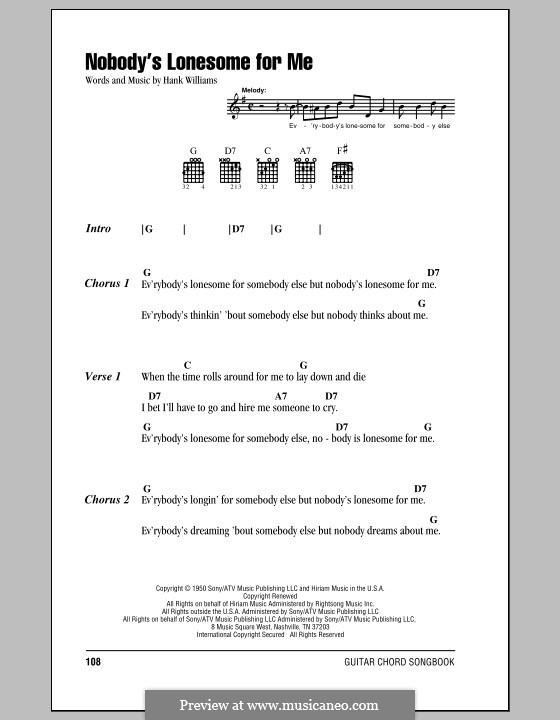 Nobody's Lonesome for Me: Lyrics and chords (with chord boxes) by Hank Williams