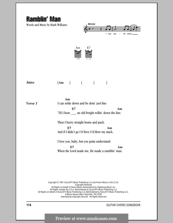 Ramblin' Man: Lyrics and chords (with chord boxes) by Hank Williams