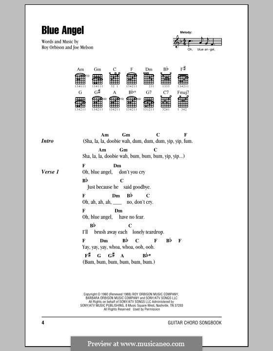 Blue Angel: Lyrics and chords (with chord boxes) by Joe Melson