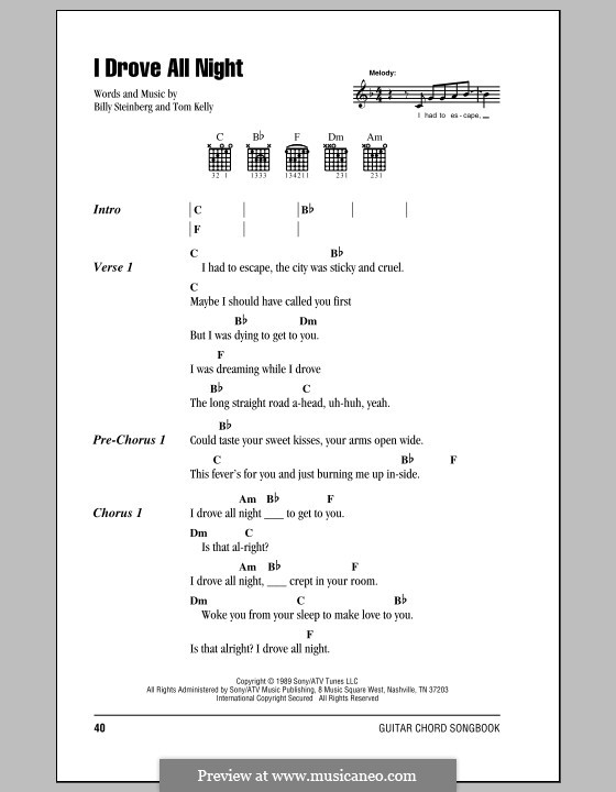 I Drove All Night (Roy Orbison): Lyrics and chords (with chord boxes) by Billy Steinberg, Tom Kelly