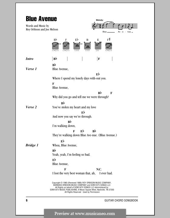 Blue Avenue: Lyrics and chords (with chord boxes) by Joe Melson