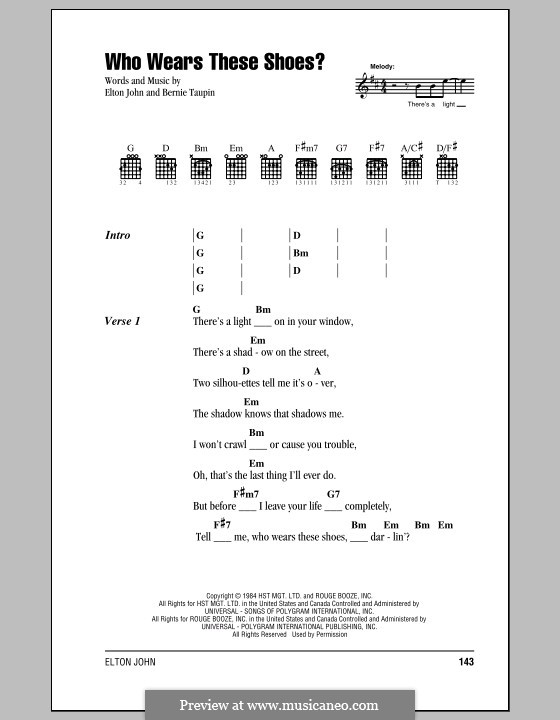 Who Wears These Shoes?: Lyrics and chords (with chord boxes) by Elton John