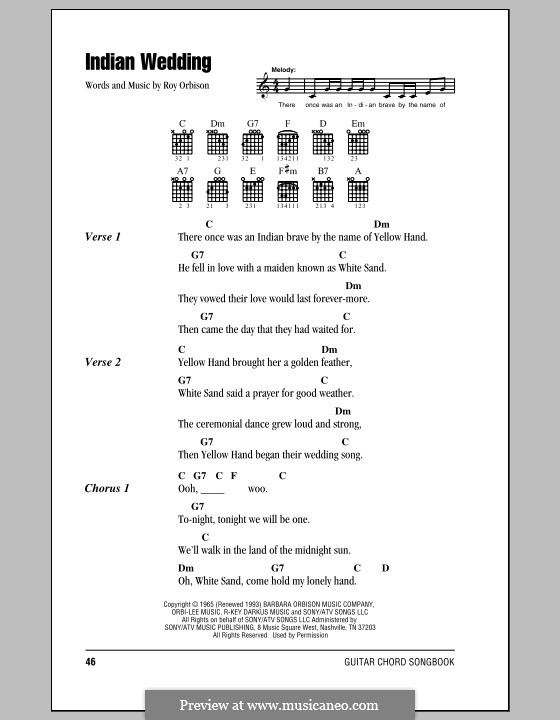 Indian Wedding: Lyrics and chords (with chord boxes) by Roy Orbison