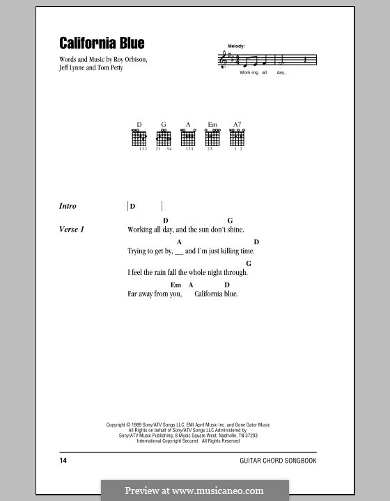 California Blue: Lyrics and chords (with chord boxes) by Jeff Lynne, Tom Petty