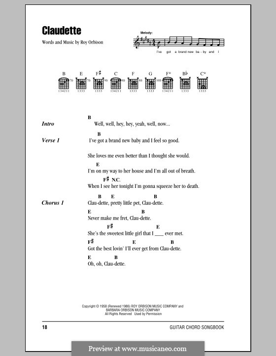 Claudette (The Everly Brothers): Lyrics and chords (with chord boxes) by Roy Orbison