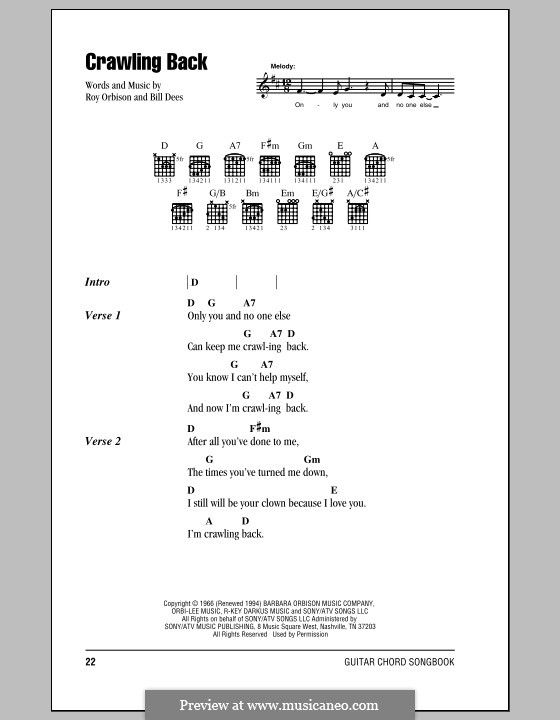 Crawling Back: Lyrics and chords (with chord boxes) by Bill Dees