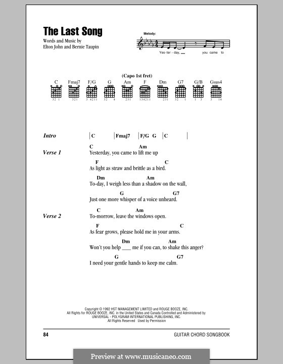 The Last Song: Lyrics and chords (with chord boxes) by Elton John