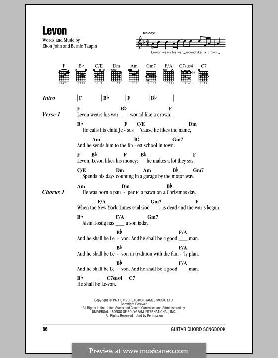 Levon: Lyrics and chords (with chord boxes) by Elton John