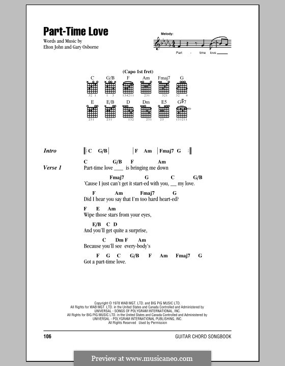 Part-Time Love: Lyrics and chords (with chord boxes) by Elton John, Gary Osborne