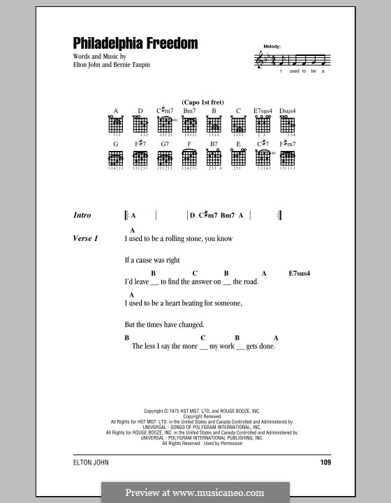 Philadelphia Freedom: Lyrics and chords (with chord boxes) by Elton John