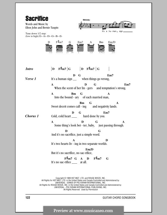 Sacrifice: Lyrics and chords (with chord boxes) by Elton John