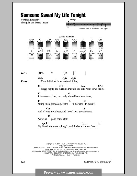 Someone Saved My Life Tonight: Lyrics and chords (with chord boxes) by Elton John