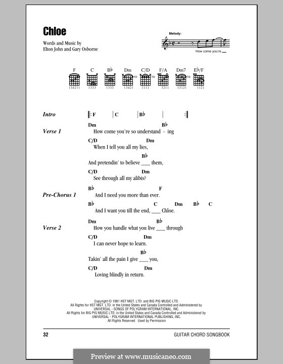 Chloe: Lyrics and chords (with chord boxes) by Elton John, Gary Osborne