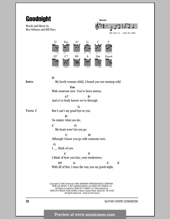 Goodnight: Lyrics and chords (with chord boxes) by Bill Dees