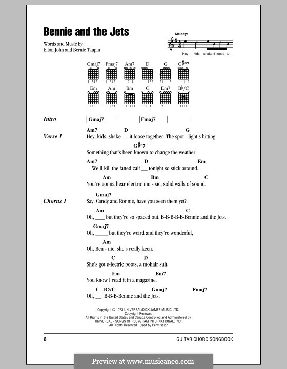 Bennie and the Jets: Lyrics and chords (with chord boxes) by Elton John