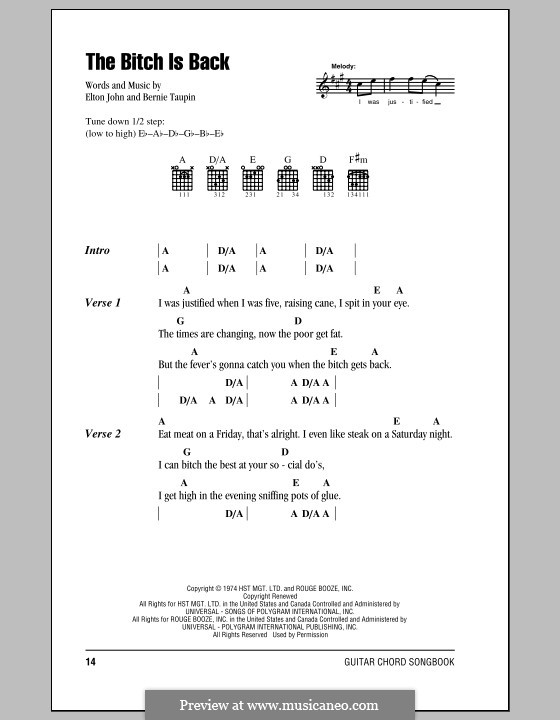 The Bitch Is Back (from Rocketman): Lyrics and chords (with chord boxes) by Elton John