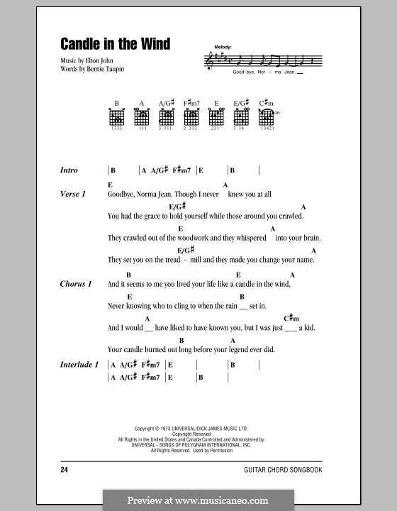 Candle in the Wind: Lyrics and chords (with chord boxes) by Elton John