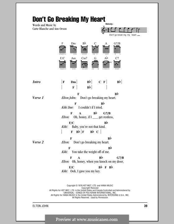 Don't Go Breaking My Heart (Elton John): Lyrics and chords with chord boxes by Ann Orson, Carte Blanche