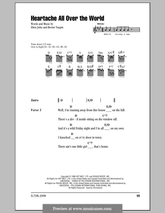 Heartache All Over the World: Lyrics and chords (with chord boxes) by Elton John